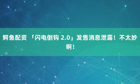 鳄鱼配资 「闪电倒钩 2.0」发售消息泄露！不太妙啊！
